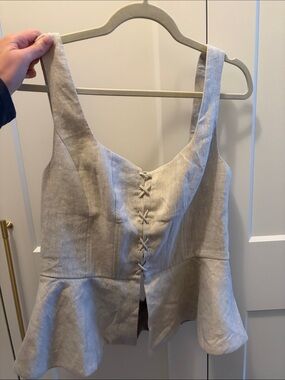 Ronny Kobo Collection Natural Beige Linen Lace-Up Peplum Tank
